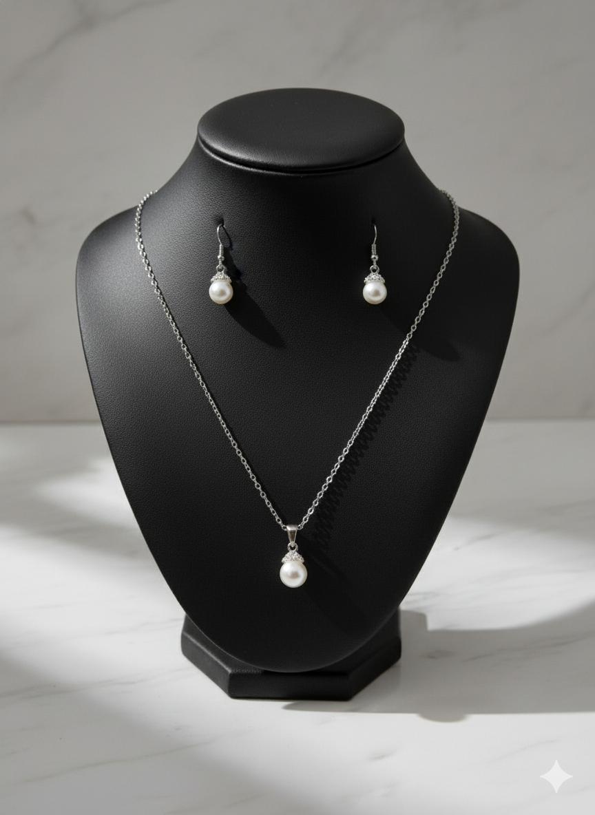 Elegant Silver-Plated Pearl Pendant Necklace & Earring Set – Timeless Grace for Every Occasion