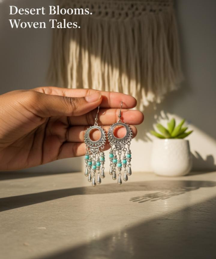 Bohemian Round Water Droplets Arylic Turquoise Tassel Hollow Out Inlay Drop Earrings