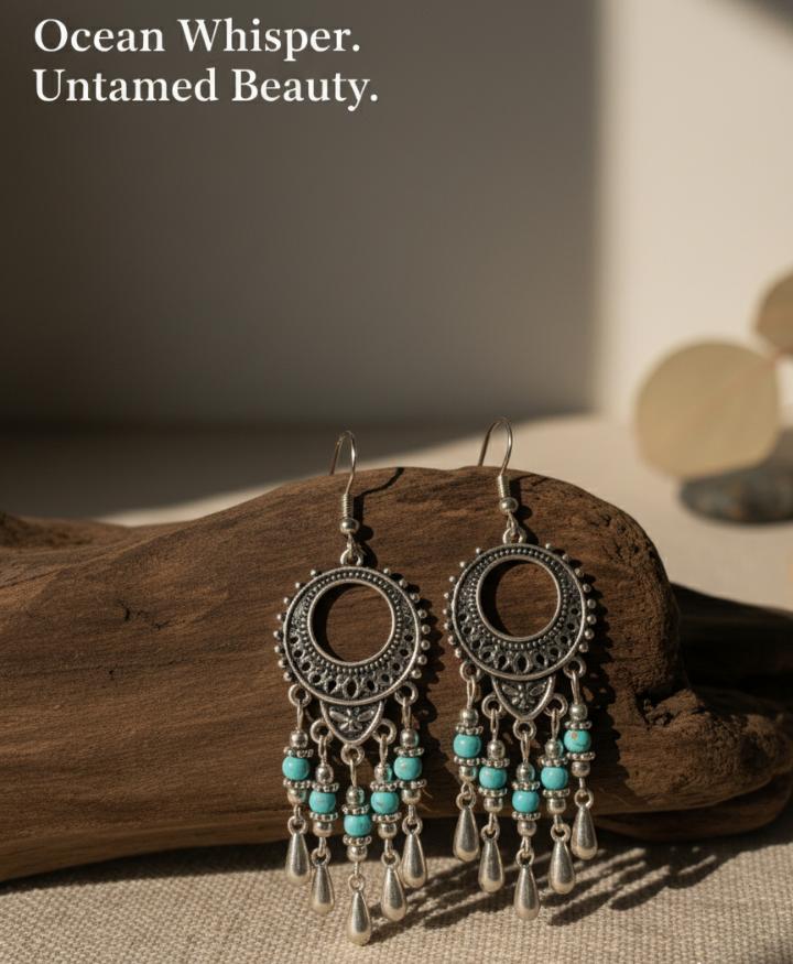 Bohemian Round Water Droplets Arylic Turquoise Tassel Hollow Out Inlay Drop Earrings