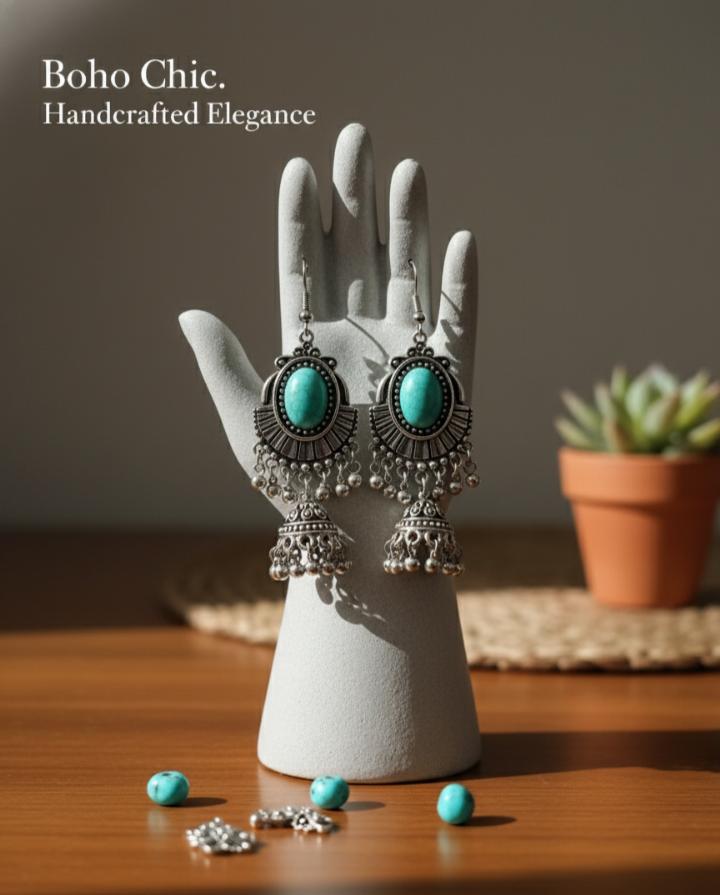 Bohemian Round Water Droplets Arylic Turquoise Tassel Hollow Out Inlay Drop Earrings