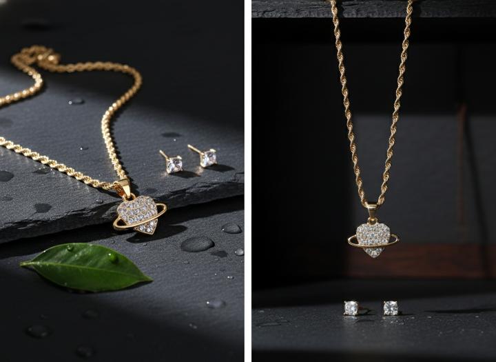 Galaxy Heart Diamond-Studded Necklace & Earring Set – Love Beyond the Stars