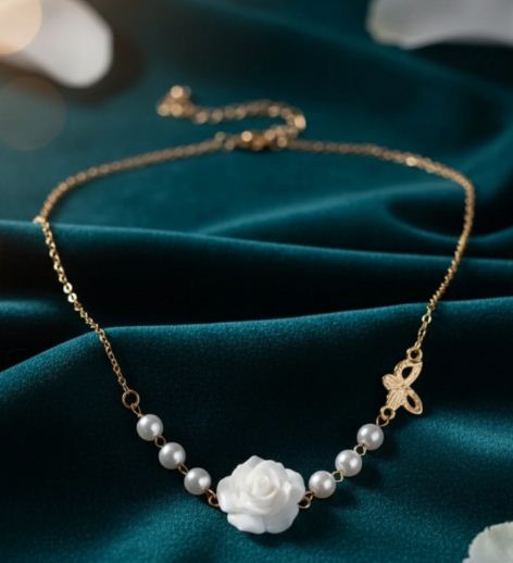 Eternal Bloom Pearl Rose Necklace – Grace in Every Petal