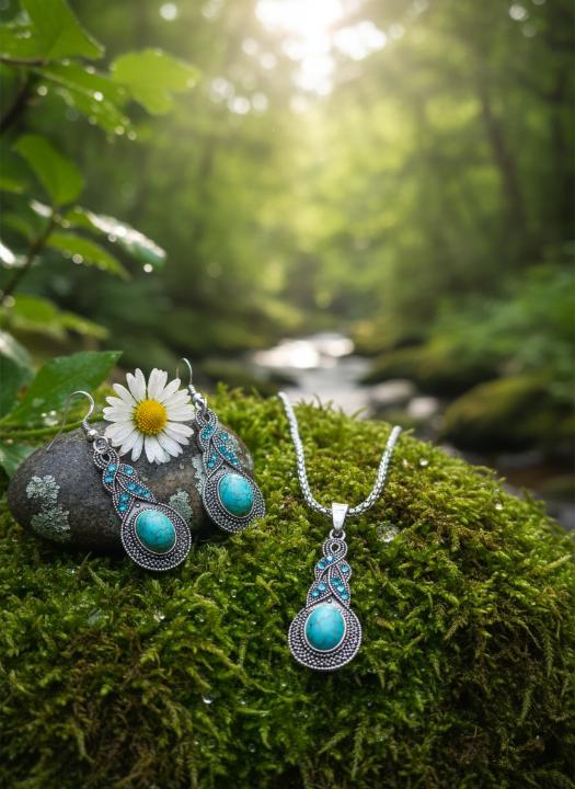 Turquoise Whisper Bohemian Pendant & Earring Set – Nature’s Timeless Elegance