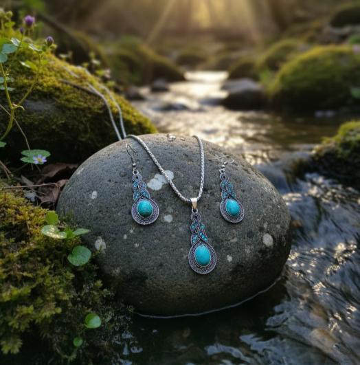Turquoise Whisper Bohemian Pendant & Earring Set – Nature’s Timeless Elegance