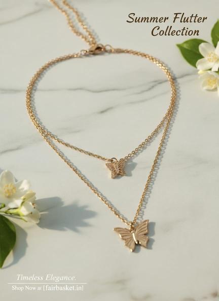 Sparkling Butterfly Charm Necklace – Two-Layer Alloy Design