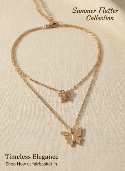 Sparkling Butterfly Charm Necklace – Two-Layer Alloy Design