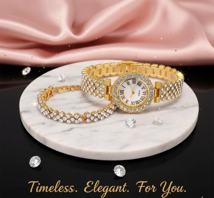 Fashionable Roman Pattern Diamondencrusted Women's Quartz Watches With Alloy Case And Strap Round Dial Golden