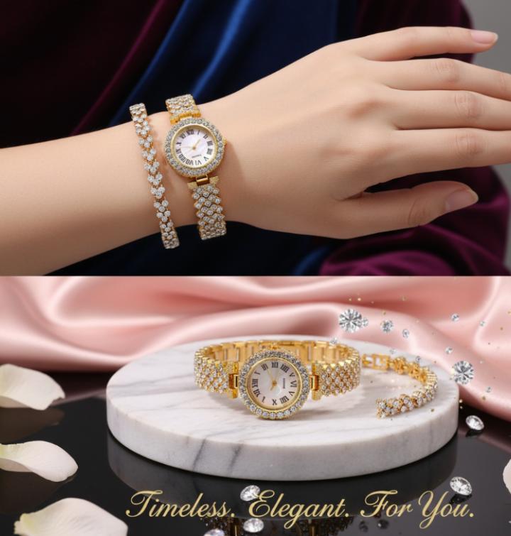 Fashionable Roman Pattern Diamondencrusted Women's Quartz Watches With Alloy Case And Strap Round Dial Golden