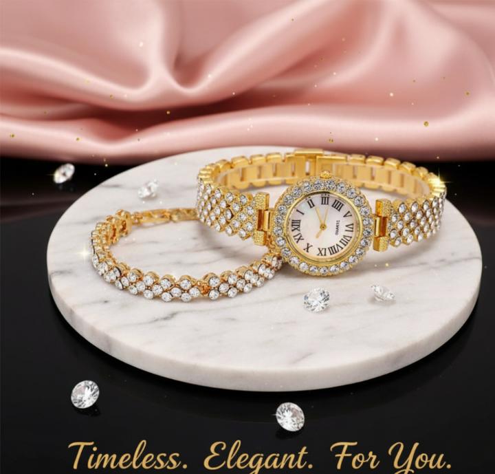 Fashionable Roman Pattern Diamondencrusted Women's Quartz Watches With Alloy Case And Strap Round Dial Golden