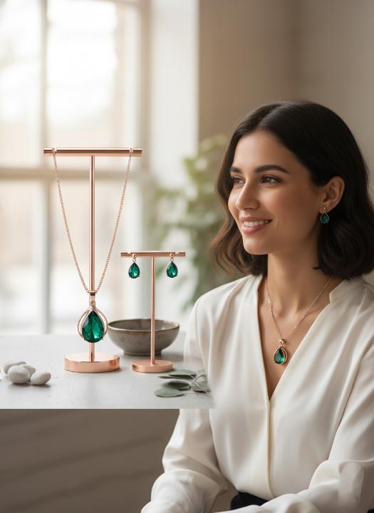 The Emerald Dewdrop Jewelry Set in Rose Gold Embrace Timless Elegance With our Captivating Emrald Dewdrop Jewelry Set