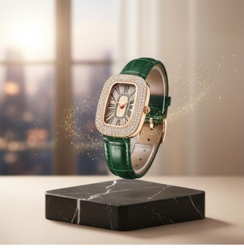 Women's Little Green Oval Dial Leisure Watch With Rhinestone And Gypsophila Case In Alloy Buckle In Stainless Steel Mineral Reinforced Glass Mirror.