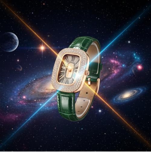 Women's Little Green Oval Dial Leisure Watch With Rhinestone And Gypsophila Case In Alloy Buckle In Stainless Steel Mineral Reinforced Glass Mirror.