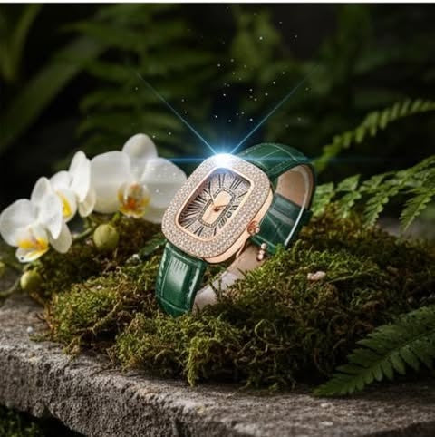 Women's Little Green Oval Dial Leisure Watch With Rhinestone And Gypsophila Case In Alloy Buckle In Stainless Steel Mineral Reinforced Glass Mirror.