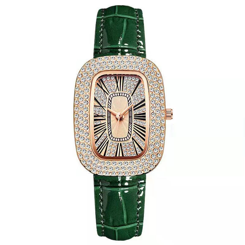Women's Little Green Oval Dial Leisure Watch With Rhinestone And Gypsophila Case In Alloy Buckle In Stainless Steel Mineral Reinforced Glass Mirror.