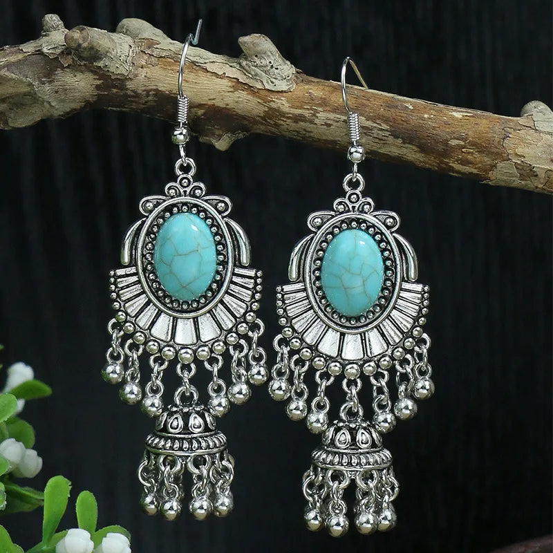 Bohemian Round Water Droplets Arylic Turquoise Tassel Hollow Out Inlay Drop Earrings