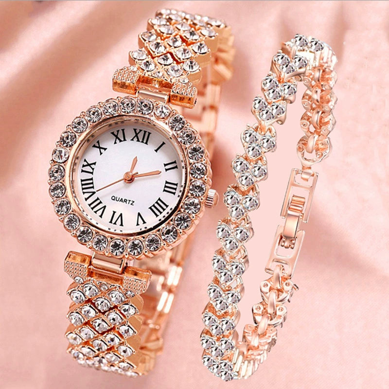 Fashionable Roman Pattern Diamondencrusted Women's Quartz Watches With Alloy Case And Strap Round Dial